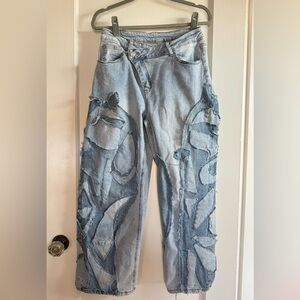 Custom Patchwork Light Wash Denim Jeans with Abstract Appliqué